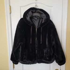 Time and Tru Black Faux Fur Hooded Jacket Size M (8-10)